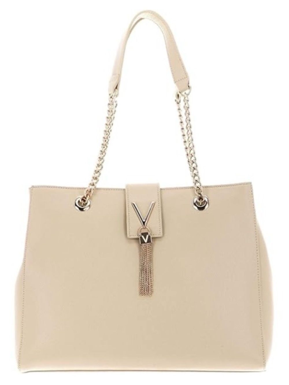 “Mario Valentino” Cream Color    Shoulder Bag with Gold Chain Detail.